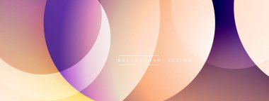 Soyut çemberler çakışıyor, yumuşak eğimler yaratıyor. Mor aksanlı, sıcak tonlarda baskın. Arka planlar için modern tasarım ögesi.