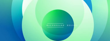 Soyut katmanlar canlı, akışkan bir tasarım yaratır. Mavi, yeşil renkler karışıyor, dairesel desenler oluşturuyor. Minimalist metin mevcut.