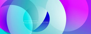 Soyut, enerjik çemberler çakışıyor. Mordan maviye, turkuazdan modern tasarıma geçiş. Pürüzsüz şekiller hareketi işaret eder.