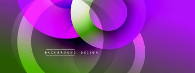 Soyut, enerjik çemberler çakışıyor. Gradyan renkler modern tasarım yaratır. Pürüzsüz geçişler, dinamik kompozisyon. Mor, yeşil renkler egemen.