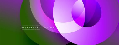 Soyut katmanlar, canlı mor renkler, yeşil renkler. Üst üste binen daireler dinamik görsel efekt yaratır. Modern tasarım ögesi.