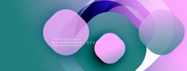 Soyut daireler çakışıyor, dinamik görsel etki yaratıyor. Teal, mor, pembe renkler pürüzsüz karışıyor. Modern tasarım ögesi.