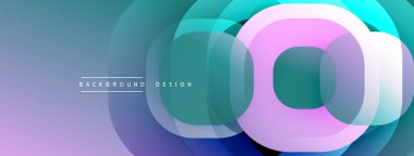 Soyut çemberler çakışıyor ve gradyan etki yaratıyor. Teal, mor, pembe renkler kompozisyona hakim. Modern tasarım ögesi.