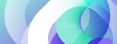 Soyut çemberler çakışıyor, yumuşak eğimler yaratıyor. Mavi, turkuaz, mor renkler tasarımda baskın. Minimalist estetik, modern his.