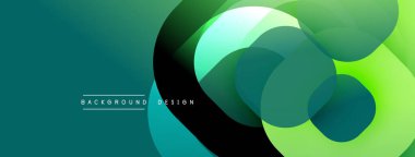 Soyut yeşil tasarım, üst üste binen daireler, gradyanlar. Karanlık aksanlı modern arkaplan, basit metin etiketi.