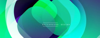 Soyut çemberler çakışıyor, canlı gradyanlar yaratıyor. Mavi, yeşil renkler kompozisyona hakim. Modern tasarım ögesi.