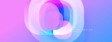Soyut daireler örtüşüyor, canlı pembeler, maviler yaratıyor. Gradyan etkisi pürüzsüz bir geçiş sağlıyor, modern estetik.
