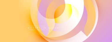 Soyut tasarım özellikleri üst üste binen daireler, gradyanlar. Renkler turuncu, sarı, mor, pembe. Modern, pürüzsüz görsel kompozisyon.