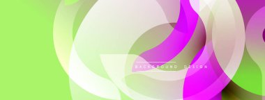 Soyut şekiller örtüşüyor, canlı gradyanlar yaratıyor. Yeşil, mor, beyaz renkler kompozisyona hakim. Modern tasarım ögesi.