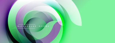 Soyut tasarım özellikleri üst üste binen daireler, gradyanlar. Canlı yeşil, mor renkler modern görsel efekt yaratır. Yumuşak geçişler kompozisyona hakim..