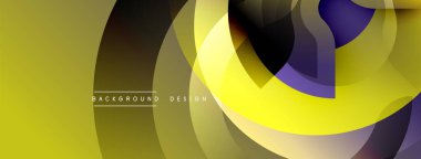 Soyut tasarım özellikleri üst üste binen daireler, gradyanlar. Sarı, siyah, mor renkler dinamik görsel efekt yaratır. Modern, minimalist stil.