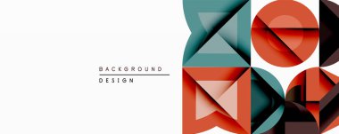 Soyut geometrik şekiller modern tasarım yaratır. Üst üste binen üçgenler, daireler, kareler dinamik bileşim oluşturur. Teal, turuncu, siyah renkler görsel ilgi sağlar. Minimalist estetik.