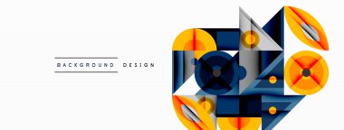 Soyut geometrik şekiller örtüşür, dinamik bileşim yaratır. Turuncu, gri, donanma renkleri tasarımda baskın. Minimalist tarz, modern estetik.