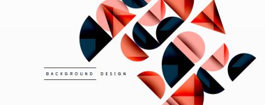 Soyut geometrik şekiller örtüşür, dinamik görsel kompozisyon yaratır. Kırmızı, pembe, lacivert renkler beyaz arka plana hakim. Modern tasarım ögesi.