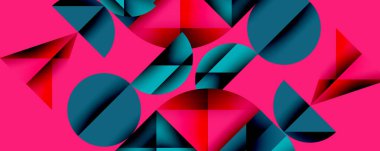 Soyut geometrik bileşim. Çemberler, üçgenler çakışıyor, canlı bir görsel etki yaratıyor. Pembe, yeşil, kırmızı egemen tasarım.