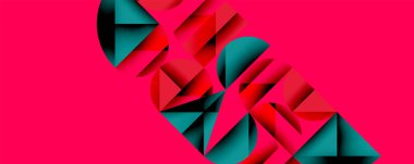 Soyut geometrik şekiller örtüşür, dinamik bileşim yaratır. Kırmızı, deniz mavisi renkleri parlak pembe arkaplanla tezat oluşturuyor. Modern tasarım.