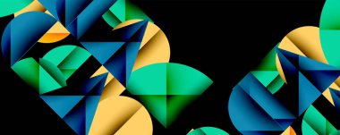 Soyut geometrik şekiller örtüşür, koyu arkaplan karşısında canlı renkler yaratır. Modern tasarım elementleri dinamik bileşim sunar.