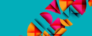 Soyut geometrik şekiller, canlı renkler, katmanlı tasarım. Turuncu, pembe, deniz mavisi renginde modern bir kompozisyon. Minimalist estetik.