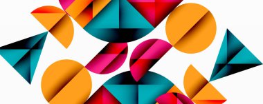 Soyut geometrik şekiller çakışıyor. Canlı renkler dinamik bileşim yaratır. Çemberler, üçgenler dizaynın hakimi. Modern estetik.