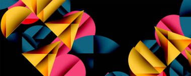 Soyut geometrik şekiller, canlı renkler, siyah arkaplan. Kompozisyon üst üste binen segmentler, dinamik görsel efekt oluşturur.