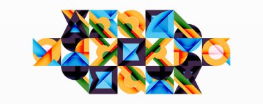 Soyut geometrik desen. Kareler, üçgenler renkli mozaikler oluşturur. Modern tasarım, canlı renkler, dinamik kompozisyon.
