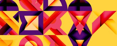 Soyut geometrik şekiller, canlı renkler, dinamik bileşim. Üst üste binen üçgenler, eğriler ve eğimlerle kalın tasarım.