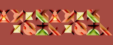 Geometrik desen tekrar eden şekiller içerir. Renkler turuncu, yeşil, kahverengi. Tasarım modern, soyut, dokulu görünüyor..