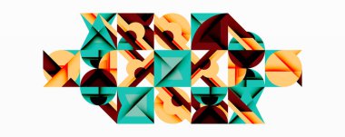 Soyut geometrik bileşim. Şekiller birbirine kenetlenir, dinamik görsel doku oluşturur. Renkler arasında deniz mavisi, altın, kestane rengi var. Modern tasarım.