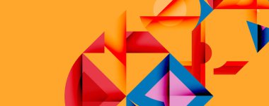 Soyut geometrik şekiller örtüşür ve canlı bir bileşim yaratır. Turuncu arka plan baskın, kırmızı, mavi ve pembe renklerle vurgulanıyor. Modern tasarım.