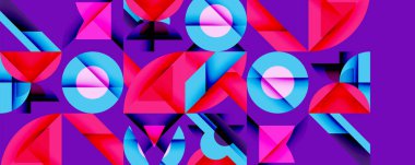 Soyut geometrik bileşim. Canlı şekiller örtüşüyor, dinamik görsel deneyimler yaratıyor. Parlak renkler mor arkaplana hakim.