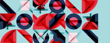 Soyut geometrik şekiller çakışıyor. Kırmızı, lacivert, pembe renkler açık mavi arkaplanı domine eder. Modern tasarım, mevcut temiz çizgiler.