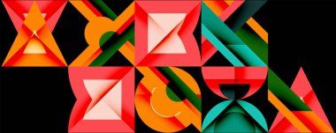 Geometrik desenler kompozisyona hakim. Canlı renkler, keskin açılar dinamik görsel deneyimler yaratır. Soyut şekiller birbirine kenetlenerek karmaşık tasarım oluşturur.