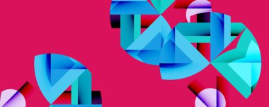 Soyut geometrik şekiller canlı pembe arka plana karşı kelime görevi oluşturur. Modern tasarım, temiz çizgiler, kalın renkler sunum konsepti.