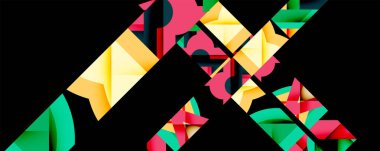 Soyut geometrik şekiller örtüşür, dinamik bileşim yaratır. Koyu arkaplana karşı canlı renkler. Modern tasarım elemanları.