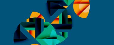 Soyut geometrik şekiller örtüşür ve canlı bir bileşim yaratır. Teal arkaplanı turuncu ve yeşil renkleri vurgular. Modern tasarım.