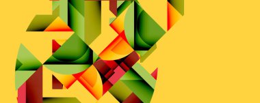 Soyut geometrik şekiller, canlı renkler, katmanlı tasarım. Modern kompozisyon, cesur görsel etki, dinamik düzenleme. Sarı arkaplan baskın.