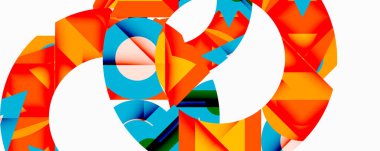 Soyut geometrik bileşim. Parlak renkler, şekiller örtüşüyor, dinamik görsel efektler yaratıyor. Modern tasarım, temiz çizgiler.