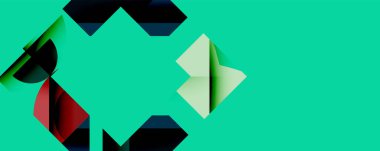 Soyut geometrik şekiller örtüşür, dinamik bileşim yaratır. Yeşil arkaplan katmanlı biçimleri, gölgeleri, derinliği vurgular.