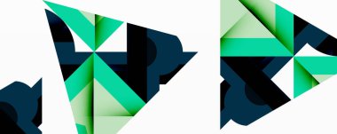 Soyut geometrik şekiller, yeşil renkler, koyu maviler. Minimalist tasarım, modern estetik, temiz çizgiler, üçgen biçimler baskın bileşim.
