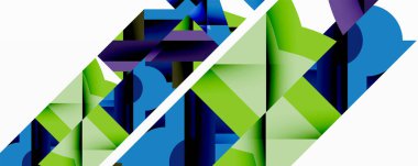 Soyut geometrik bileşim. Mavi, yeşil, mor şekiller beyaz köşegenlerle kesişir. Modern tasarım elemanları.