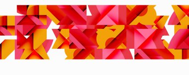 Soyut geometrik desen. Üçgenler, canlı renkler, turuncu, pembe, kırmızı dinamik bileşim yaratır. Modern tasarım ögesi.