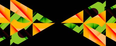 Soyut geometrik desen. Canlı renkler, keskin açılar, simetrik tasarım. Siyah arka plan parlak şekilleri vurgular. Modern, dinamik kompozisyon.