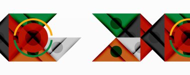 Geometrik desenler tekrar ediyor. Üçgenler, daireler soyut dizayn yaratarak kesişiyor. Renkler arasında kırmızı, yeşil, turuncu, siyah, beyaz.