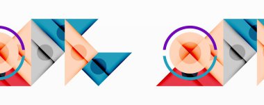 Soyut geometrik şekiller çakışıyor, canlı desenler yaratıyor. Çemberler, üçgenler, kareler modern tasarım elementlerini oluşturur. Renkler arasında kırmızı, mavi, turuncu.