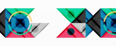 Soyut geometrik desen. Üst üste binen şekiller dinamik görsel efekt yaratır. Parlak renkler, daireler, üçgenler baskın bileşim.