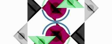 Soyut geometrik desen. Şekiller örtüşüyor, simetrik tasarım yaratıyor. Renkler arasında mor, yeşil, gri, siyah var. Minimalist stil.