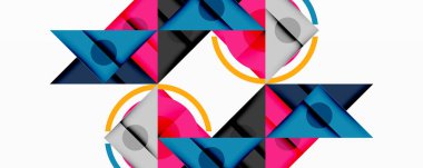 Soyut geometrik desen. Üçgenler, daireler, kavisler simetrik tasarım yaratır. Parlak renkler gri ve siyahla tezat oluşturuyor. Modern estetik.