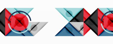 Soyut geometrik şekiller örtüşür, dinamik bileşim yaratır. Kırmızı daireler havalı mavilerle, grilerle, siyahlarla tezat oluşturuyor. Modern tasarım elemanları.