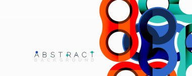 Renkli üst üste binen daireler modern soyut tasarım yaratır. Parlak renkler beyaz alana karşı kontrasttır. Basit geometrik şekiller.