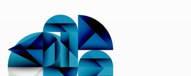 Soyut geometrik şekiller, mavi renkler kompozisyona hakim. Minimalist tasarım, temiz çizgiler, modern estetik. Gradyan efektler.